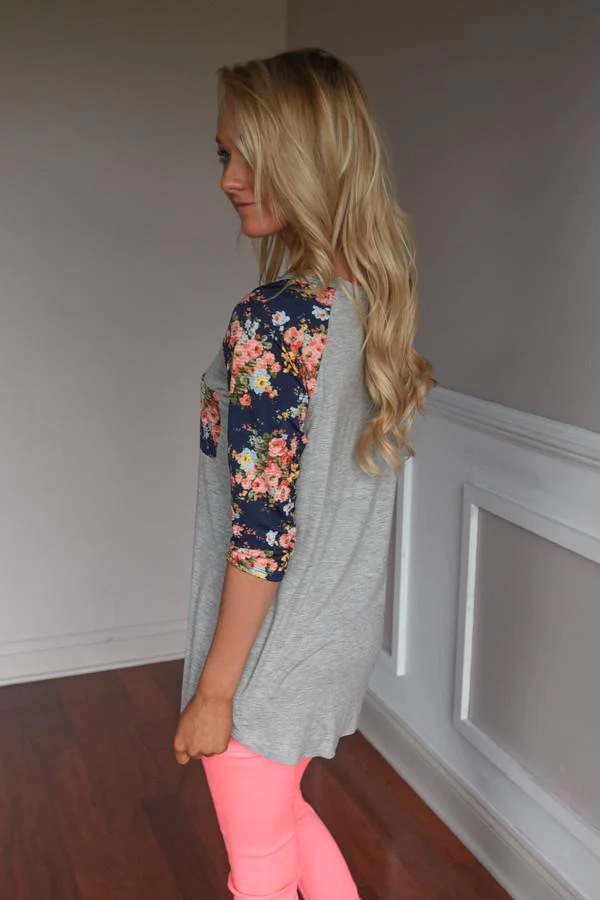 Grey Baseball Tee Navy Floral Sleeves Top - Image 6