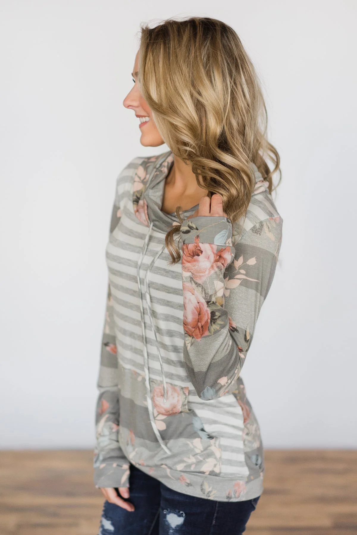 Grey floral & Stripes Cowl Neck Top - Image 3