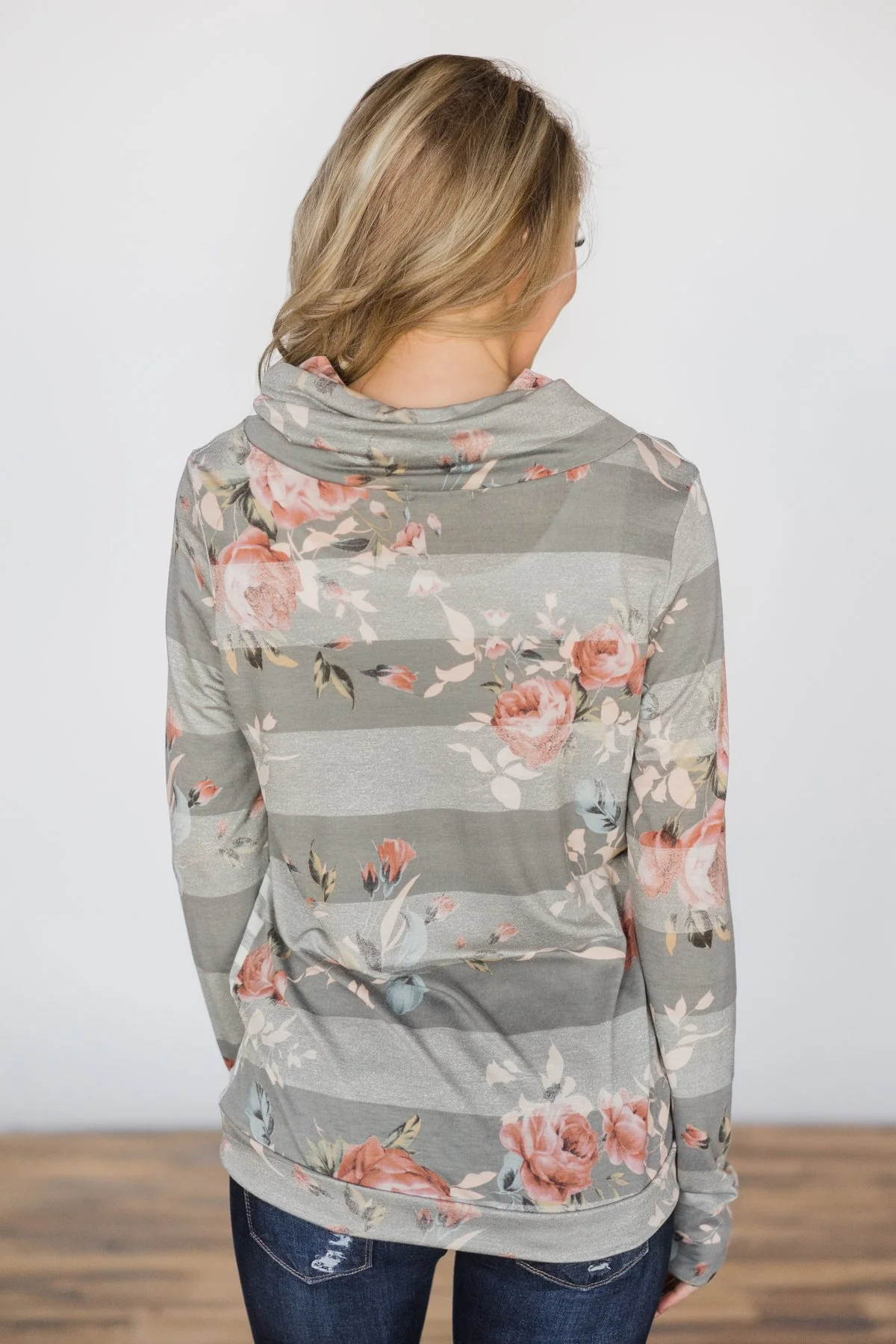 Grey floral & Stripes Cowl Neck Top - Image 5