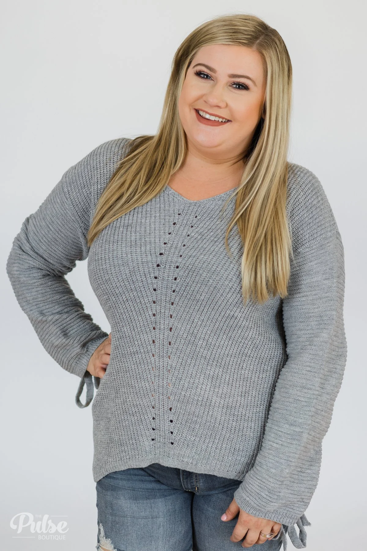 Grey Knit Sweater w/ Sleeve Detail - Image 2