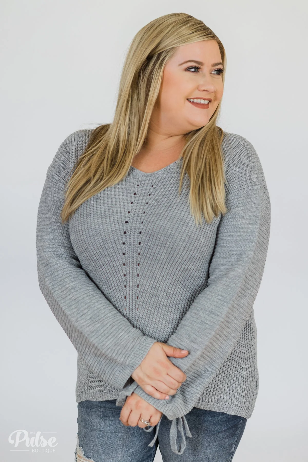 Grey Knit Sweater w/ Sleeve Detail - Image 4