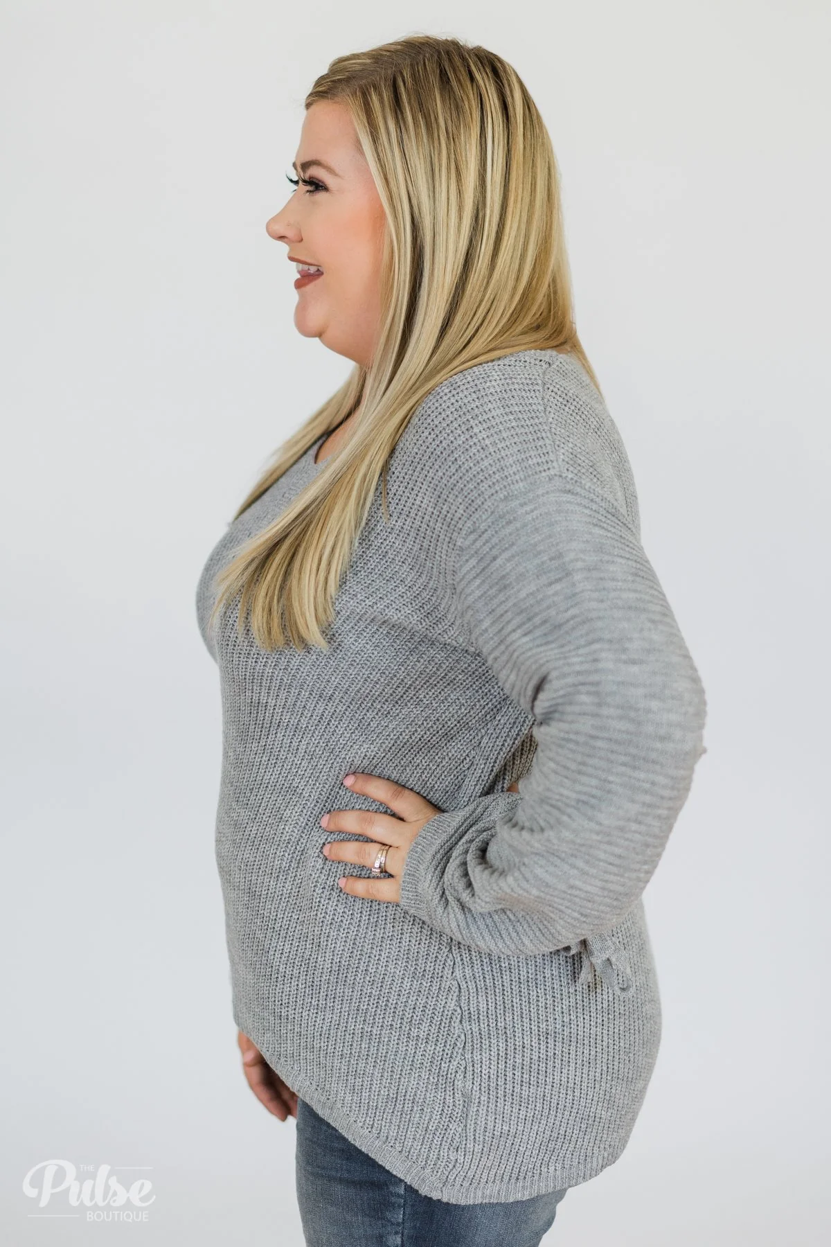 Grey Knit Sweater w/ Sleeve Detail - Image 6