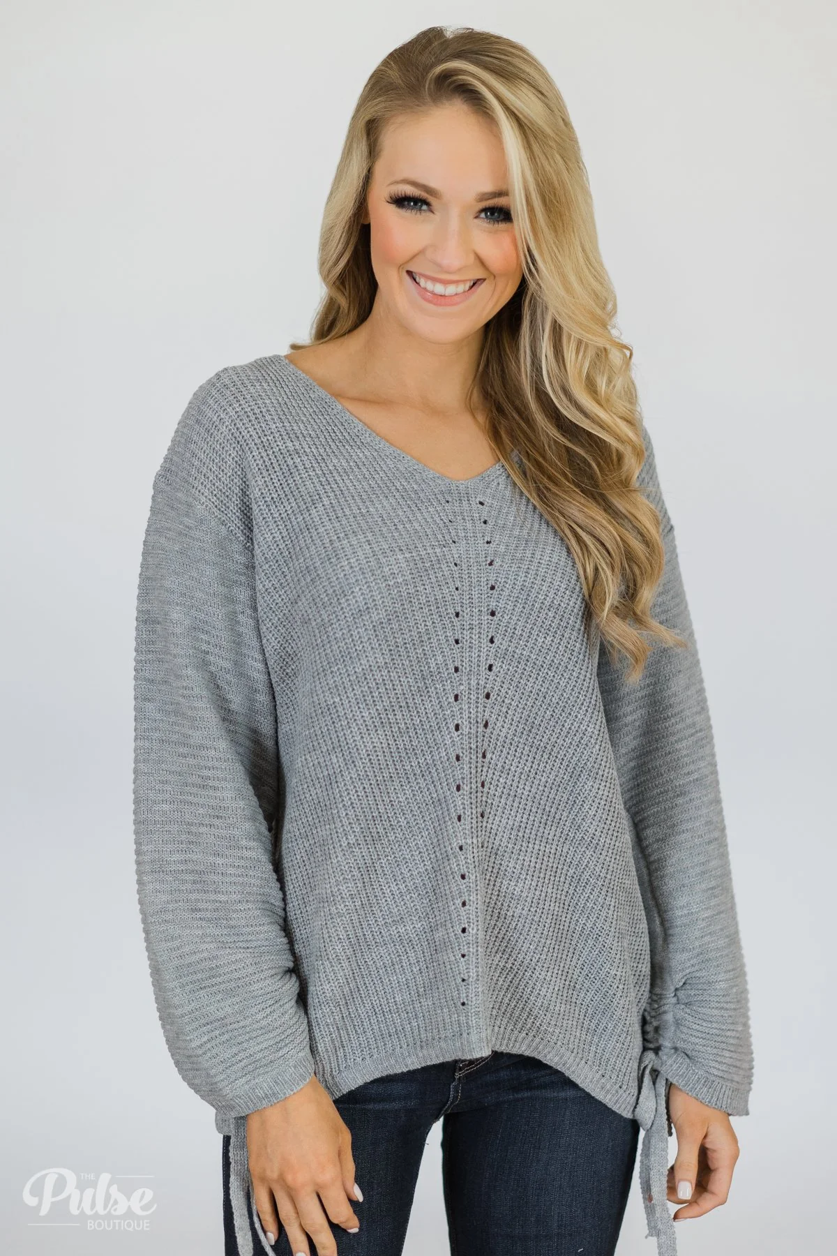 Grey Knit Sweater w/ Sleeve Detail - Image 9