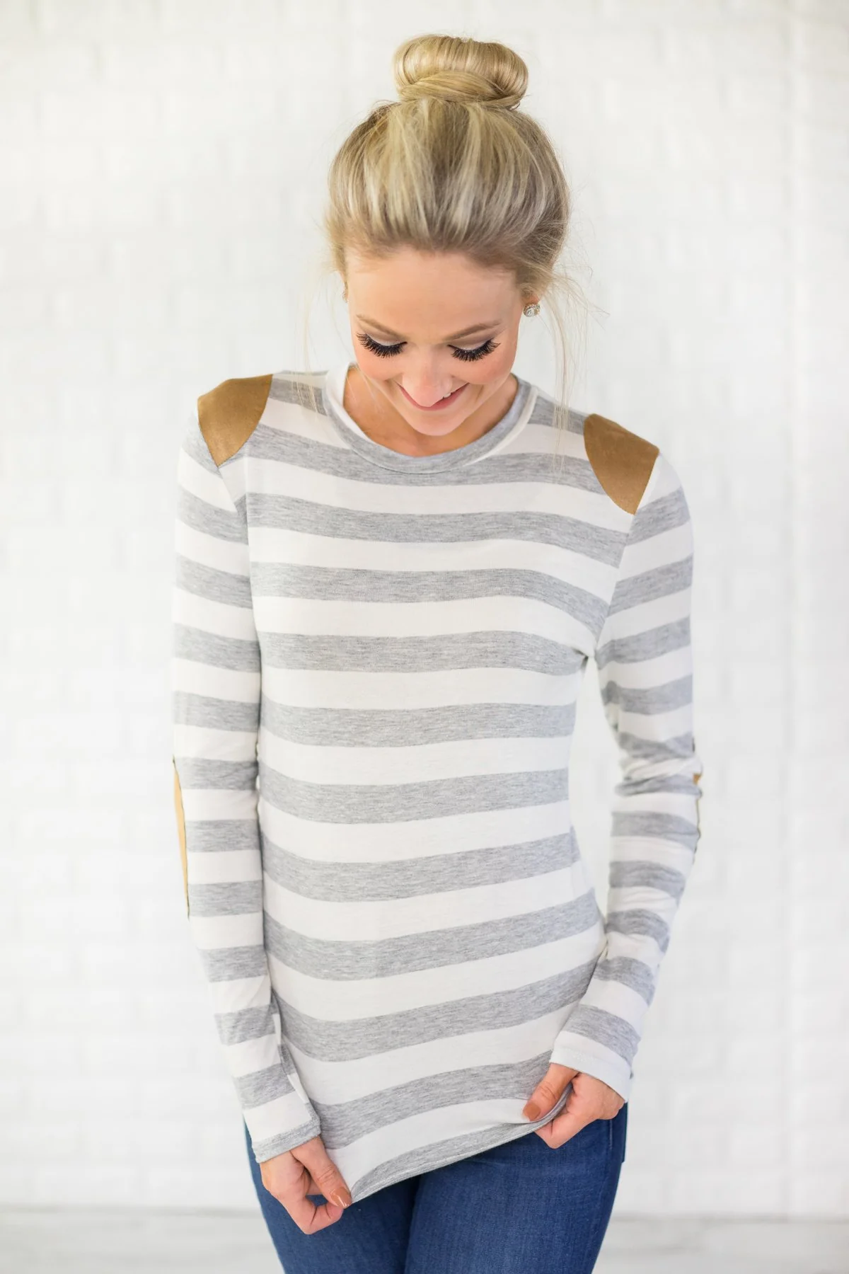 Grey Striped Elbow Patch Top - Image 2