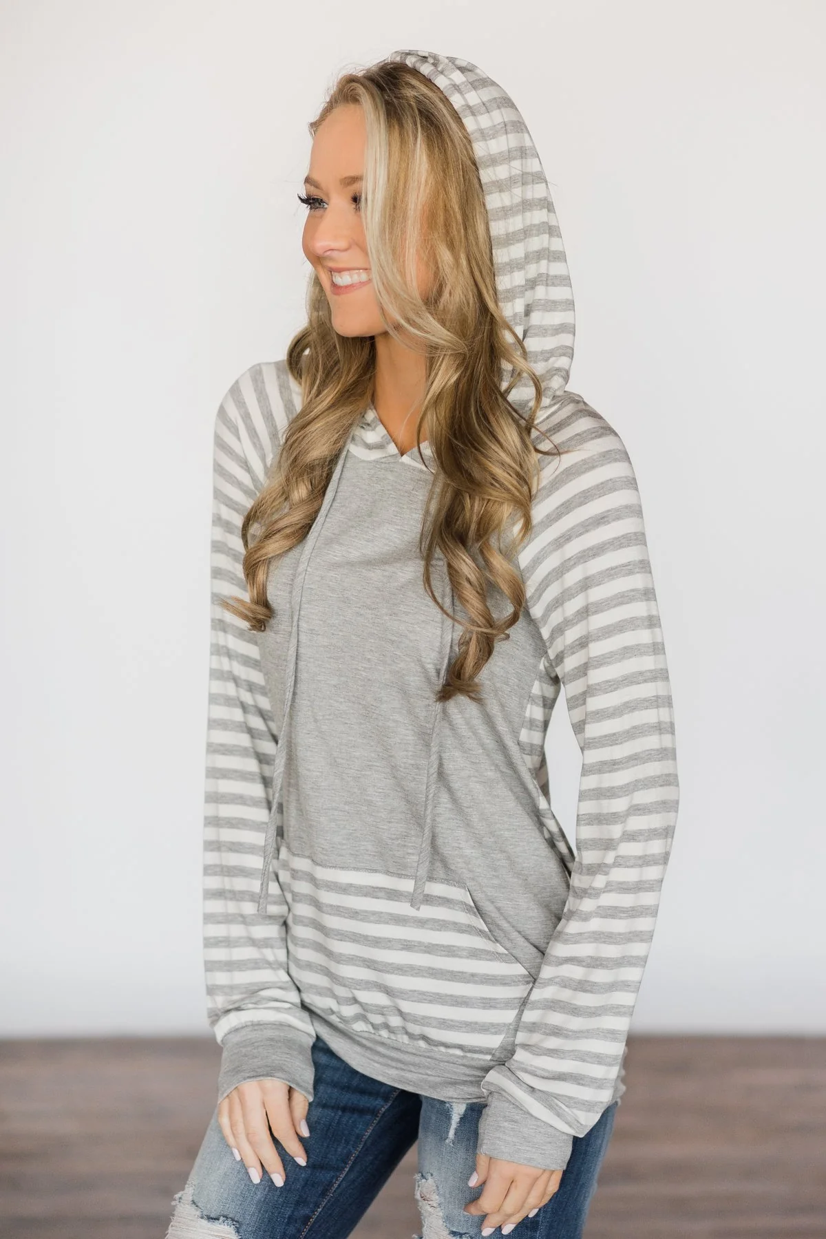 Grey Striped Sleeve Hoodie - Image 4