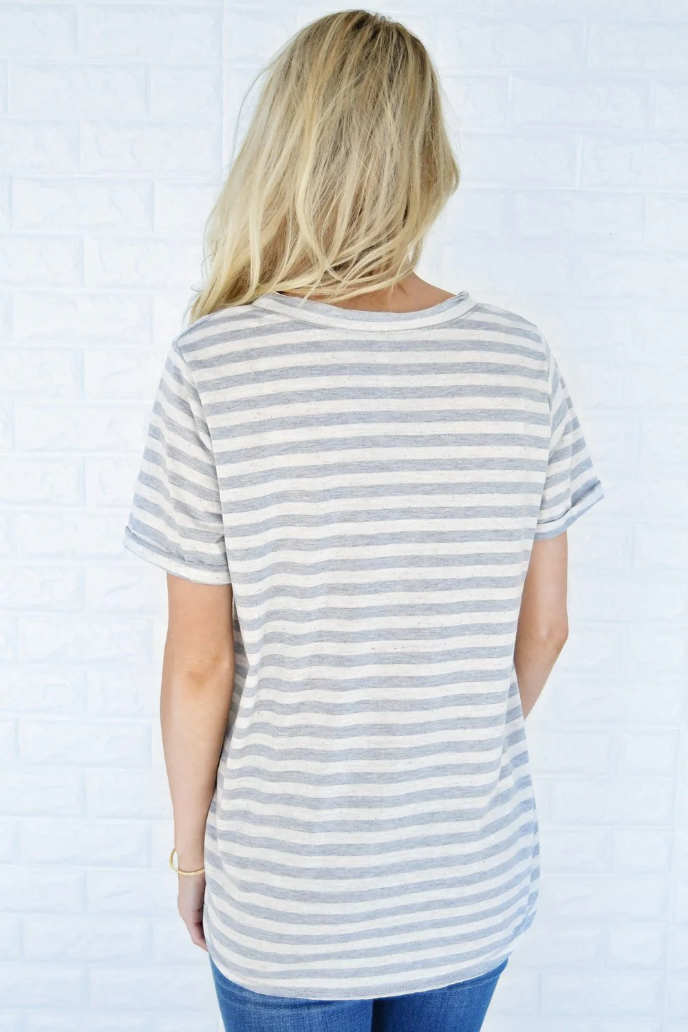 Grey Striped V-Neck Top - Image 6