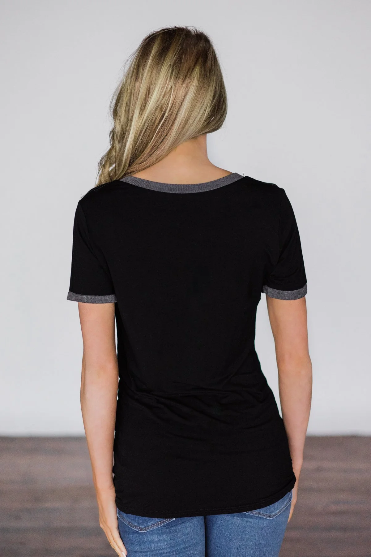 Grey Trimmed Black V-Neck Pocket Top - Image 5