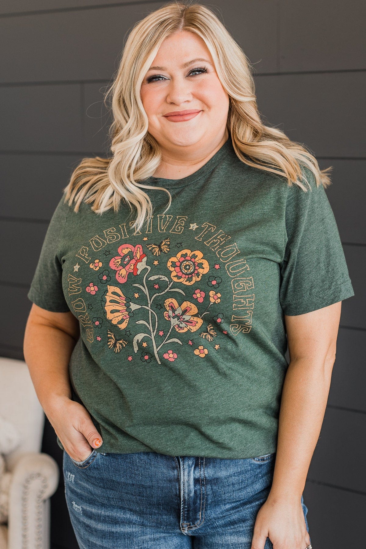 "Grow Positive Thoughts" Graphic Tee- Forest Green - Image 3