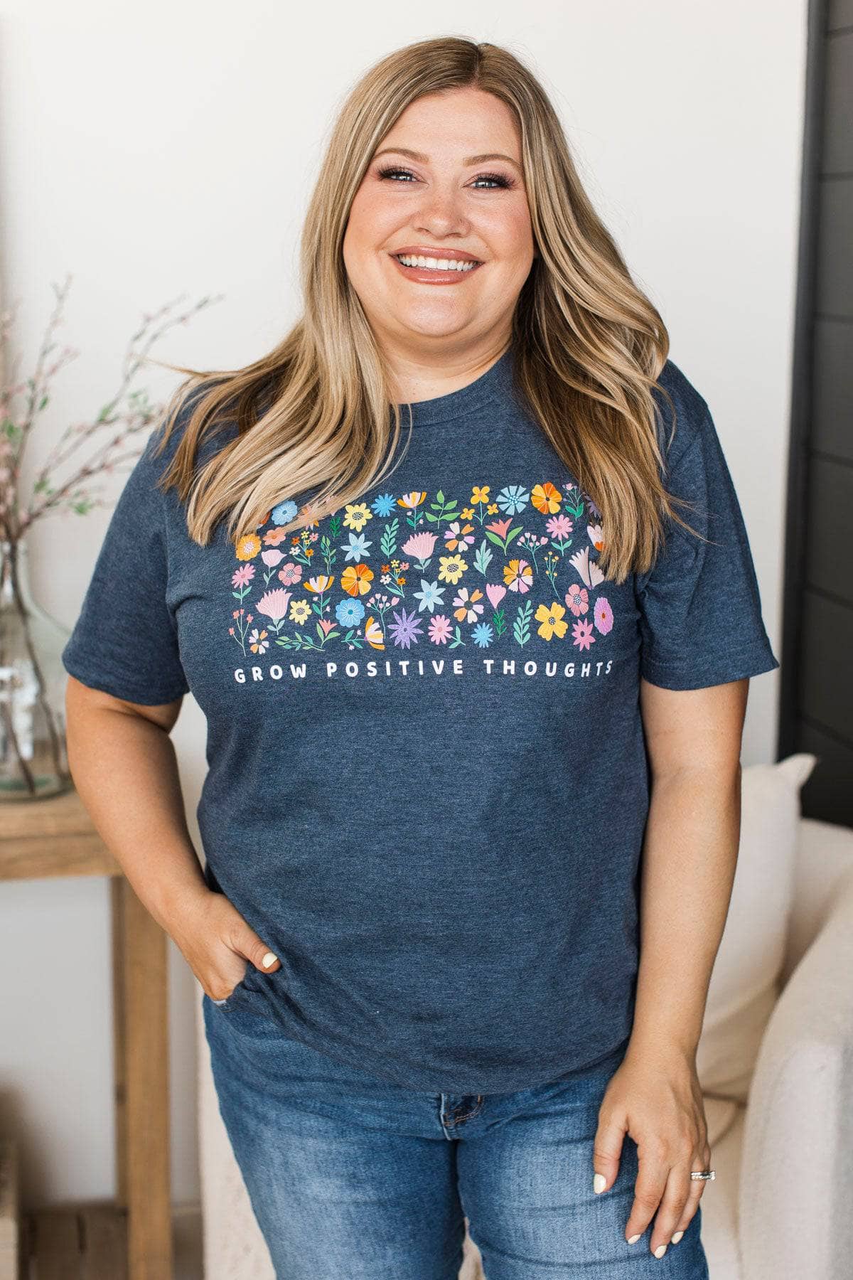 "Grow Positive Thoughts" Graphic Tee- Navy - Image 3