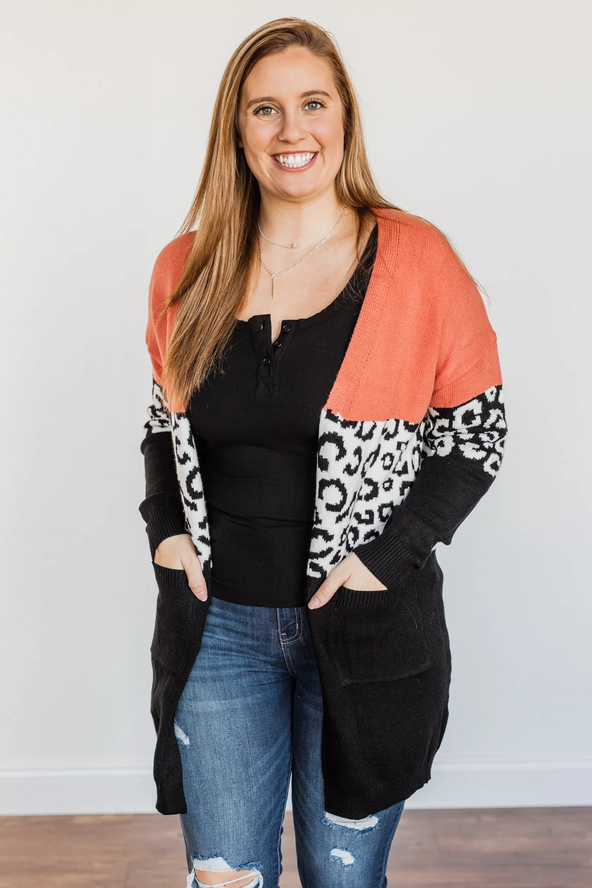 Grow Wild Color Block Cardigan- Coral, Black, & Off-White - Image 3