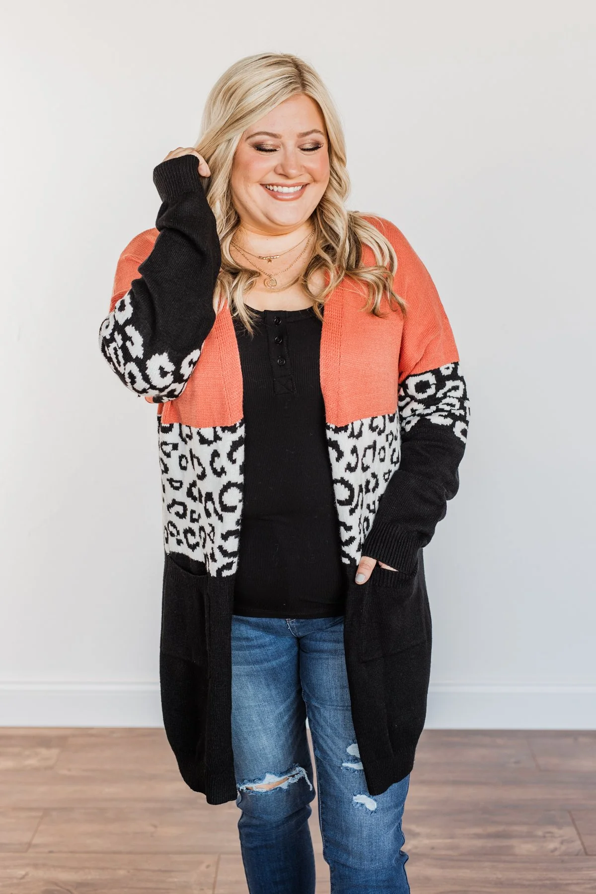 Grow Wild Color Block Cardigan- Coral, Black, & Off-White - Image 4