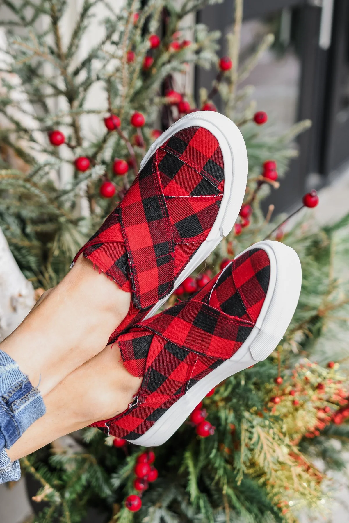 Gypsy Jazz Plaid Along Sneakers- Red Buffalo Plaid