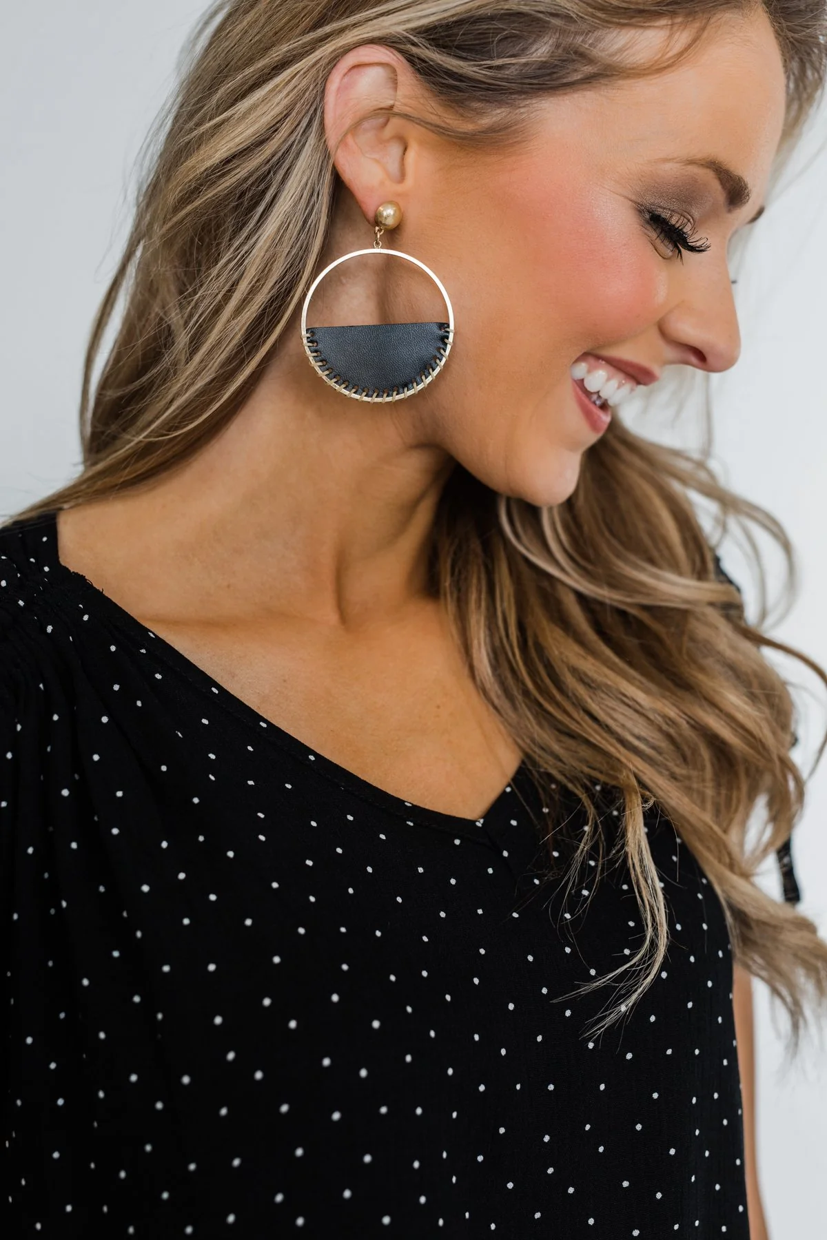 Half Circle Black Leather Hoop Earrings- Gold - Image 2