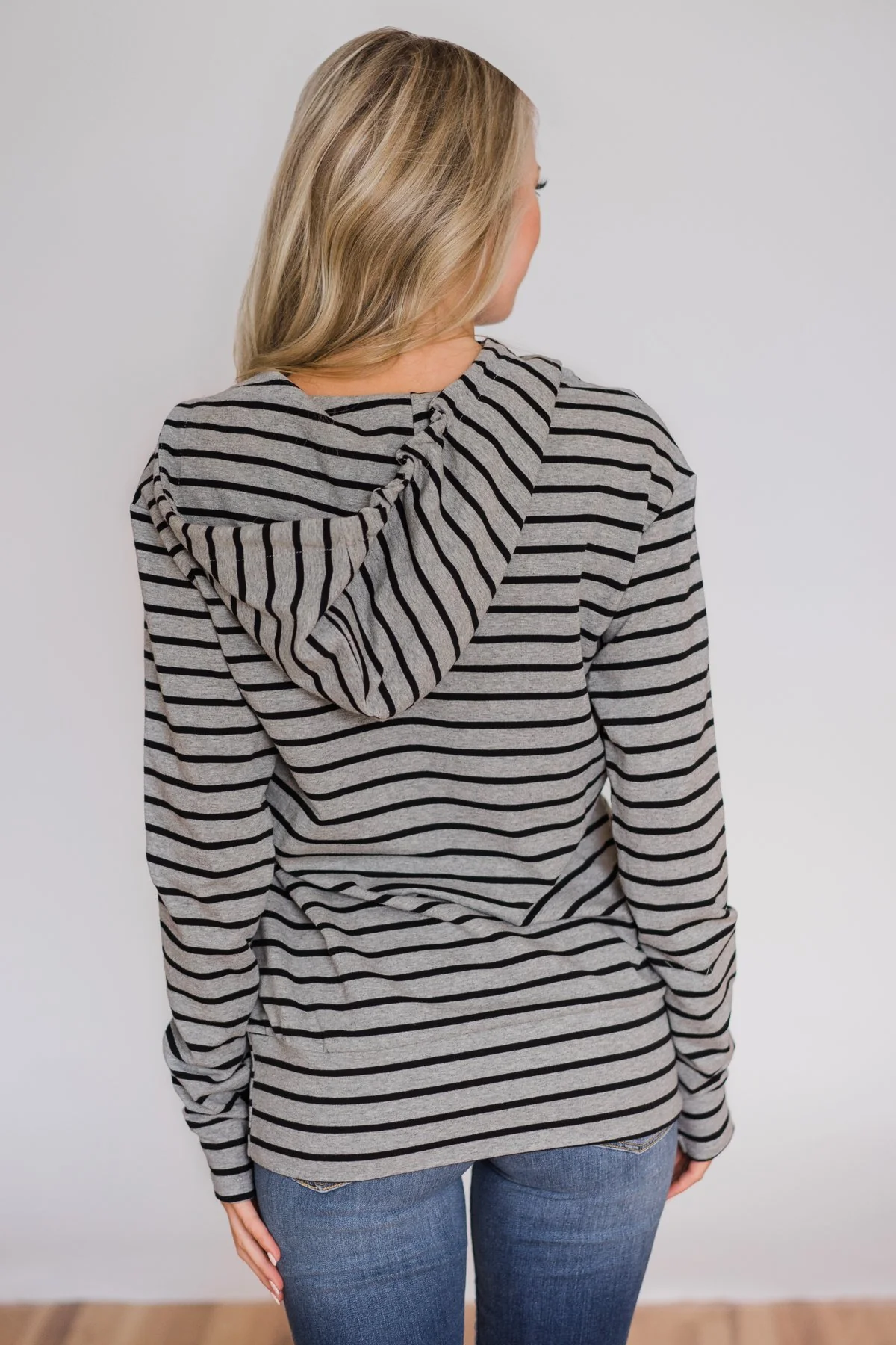 Half Zip Ampersand Hoodie- Grey and Black Striped - Image 8
