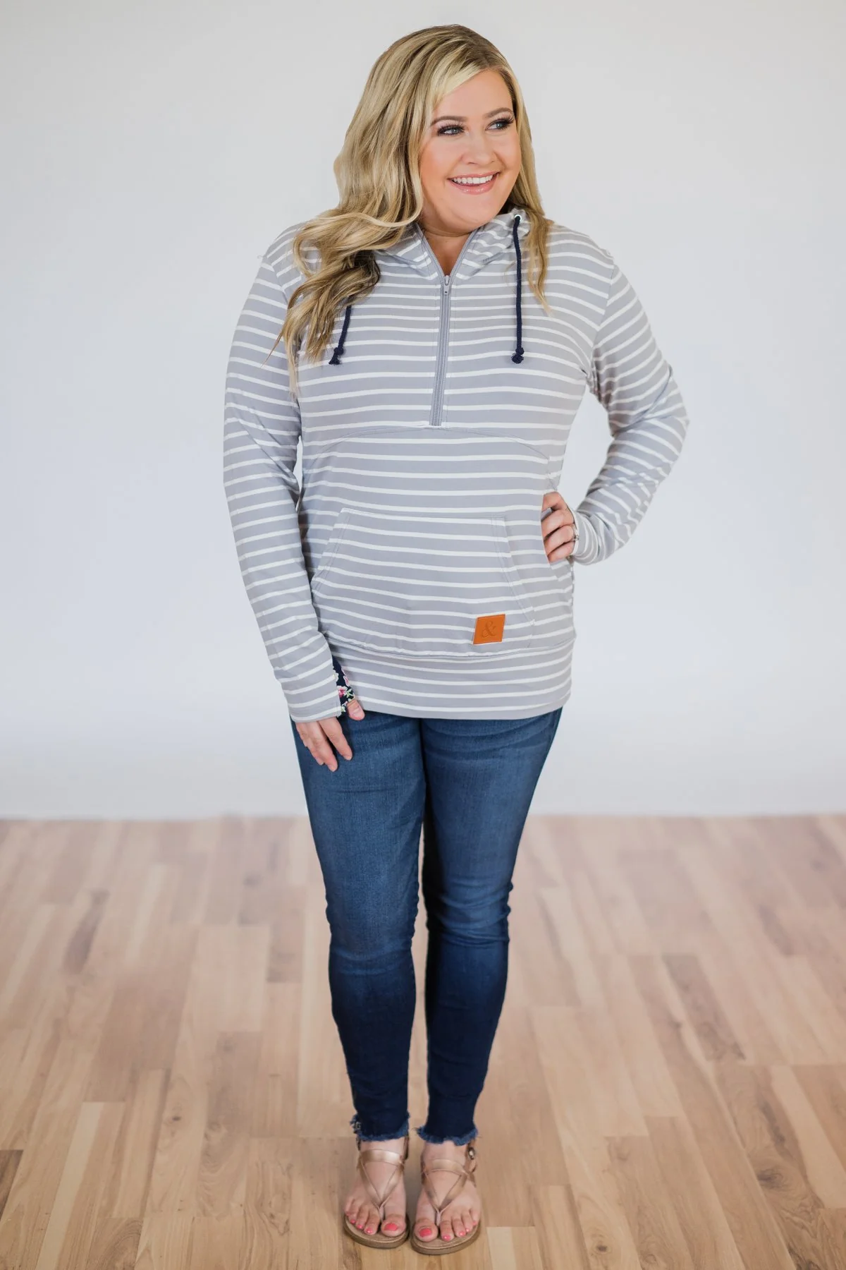 Half Zip Striped Ampersand Hoodie- Grey - Image 3