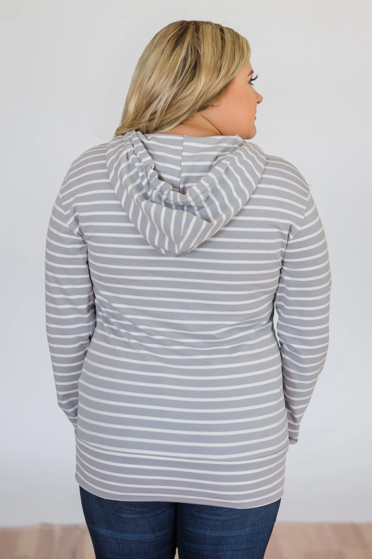 Half Zip Striped Ampersand Hoodie- Grey - Image 9