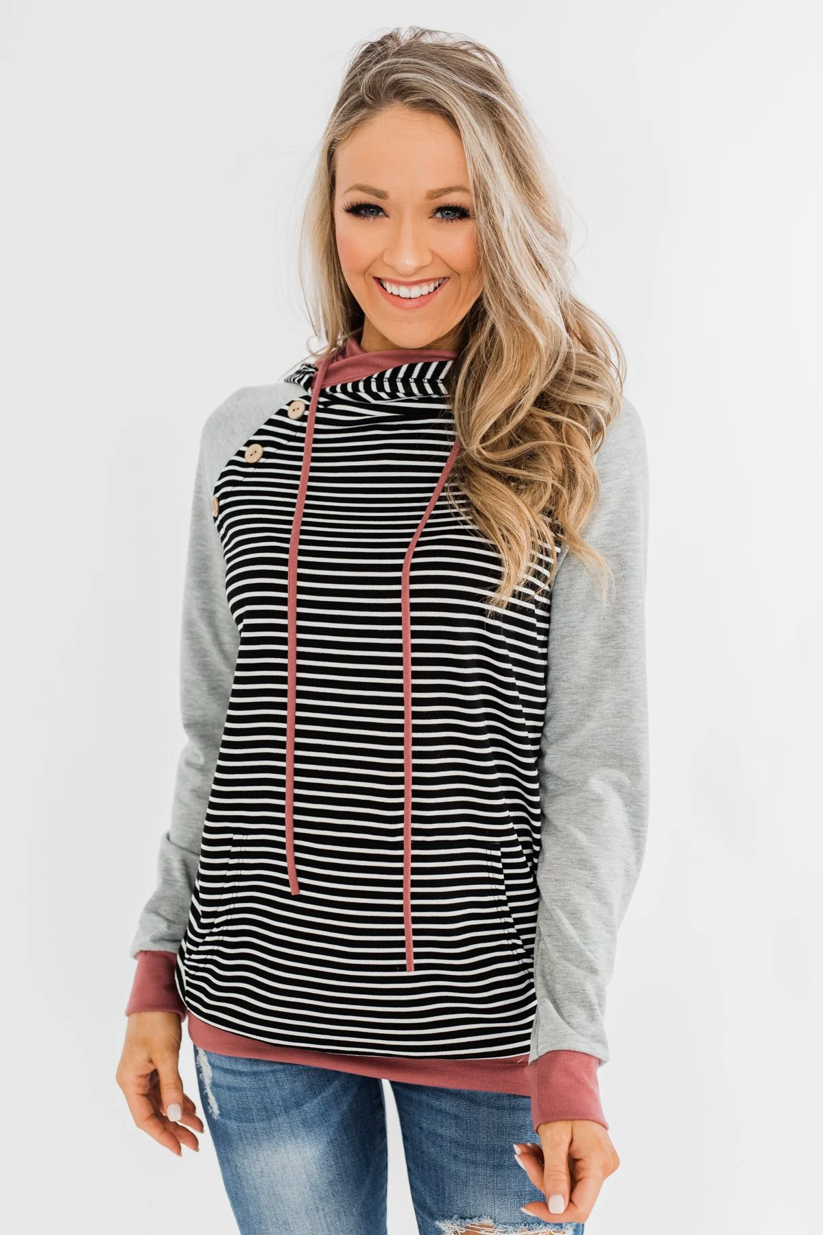 Hand In Hand Striped Double Hoodie- Grey & Mauve - Image 3
