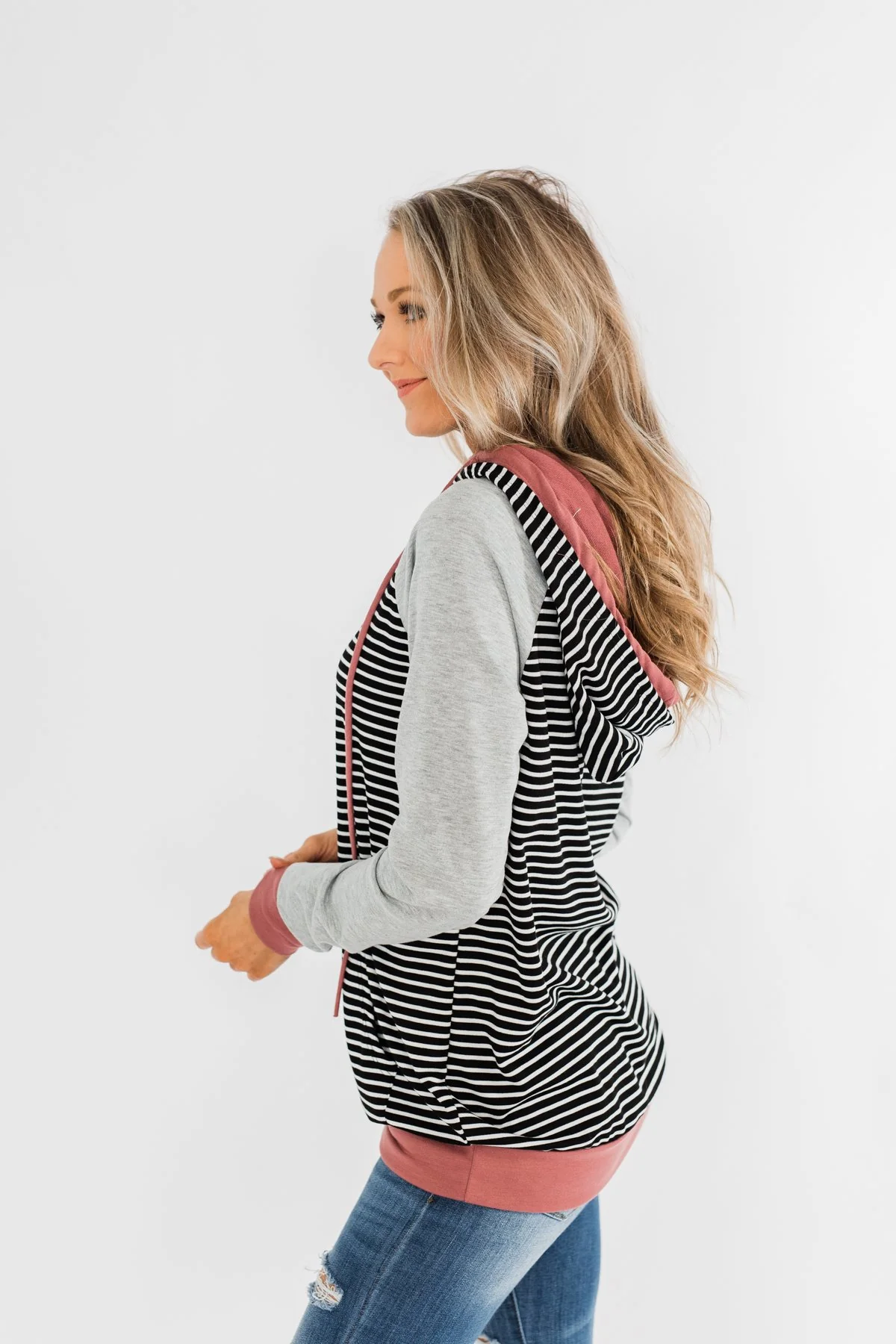 Hand In Hand Striped Double Hoodie- Grey & Mauve - Image 6