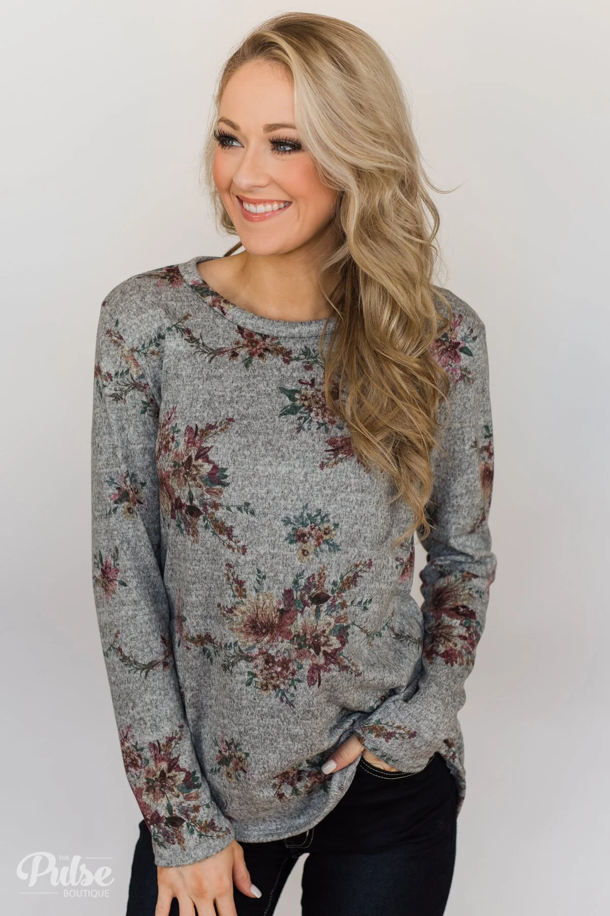 Hand Picked By You Floral Pullover Top- Heather Grey - Image 2