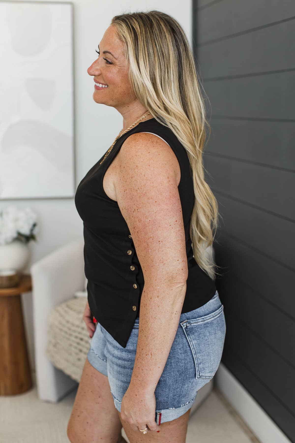 Happier Here Button Knit Tank Top- Black - Image 5
