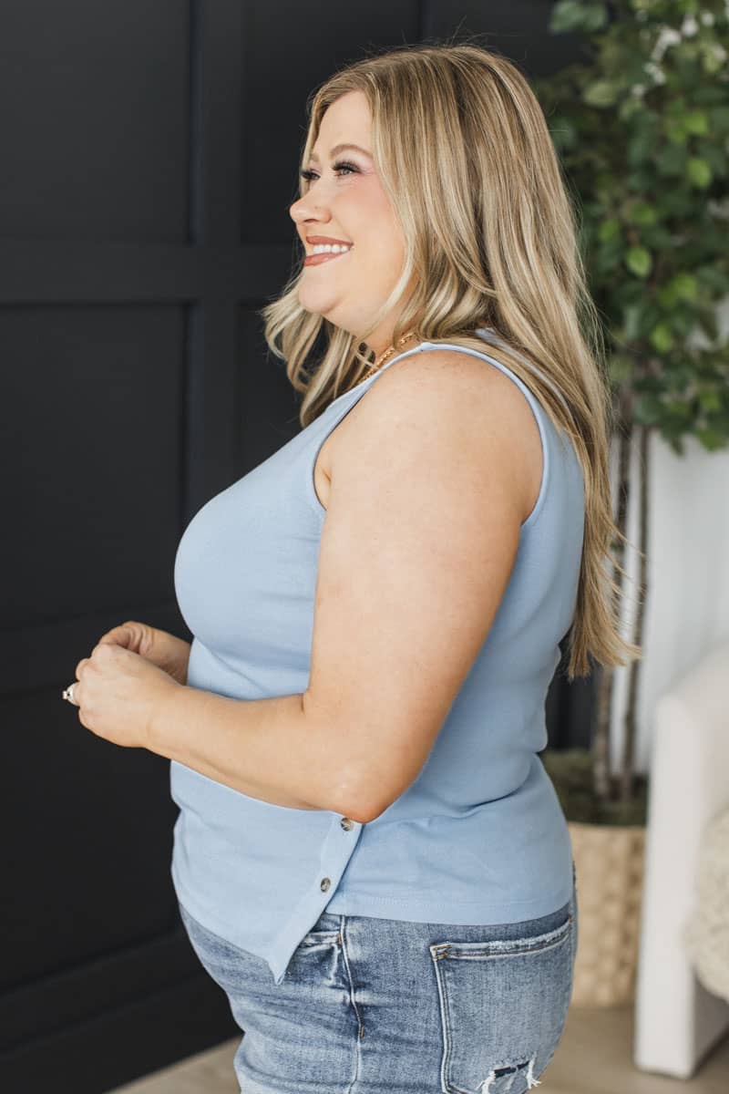 Happier Here Button Knit Tank Top- Powder Blue - Image 6