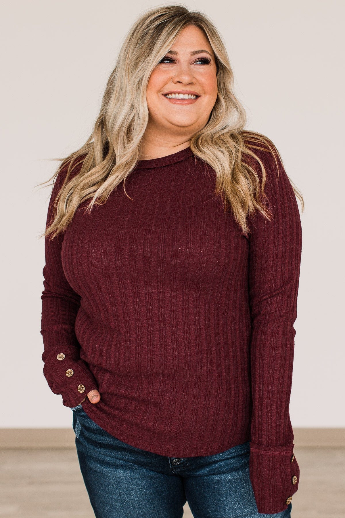 Happier Together Long Sleeve Knit Top- Burgundy - Image 3