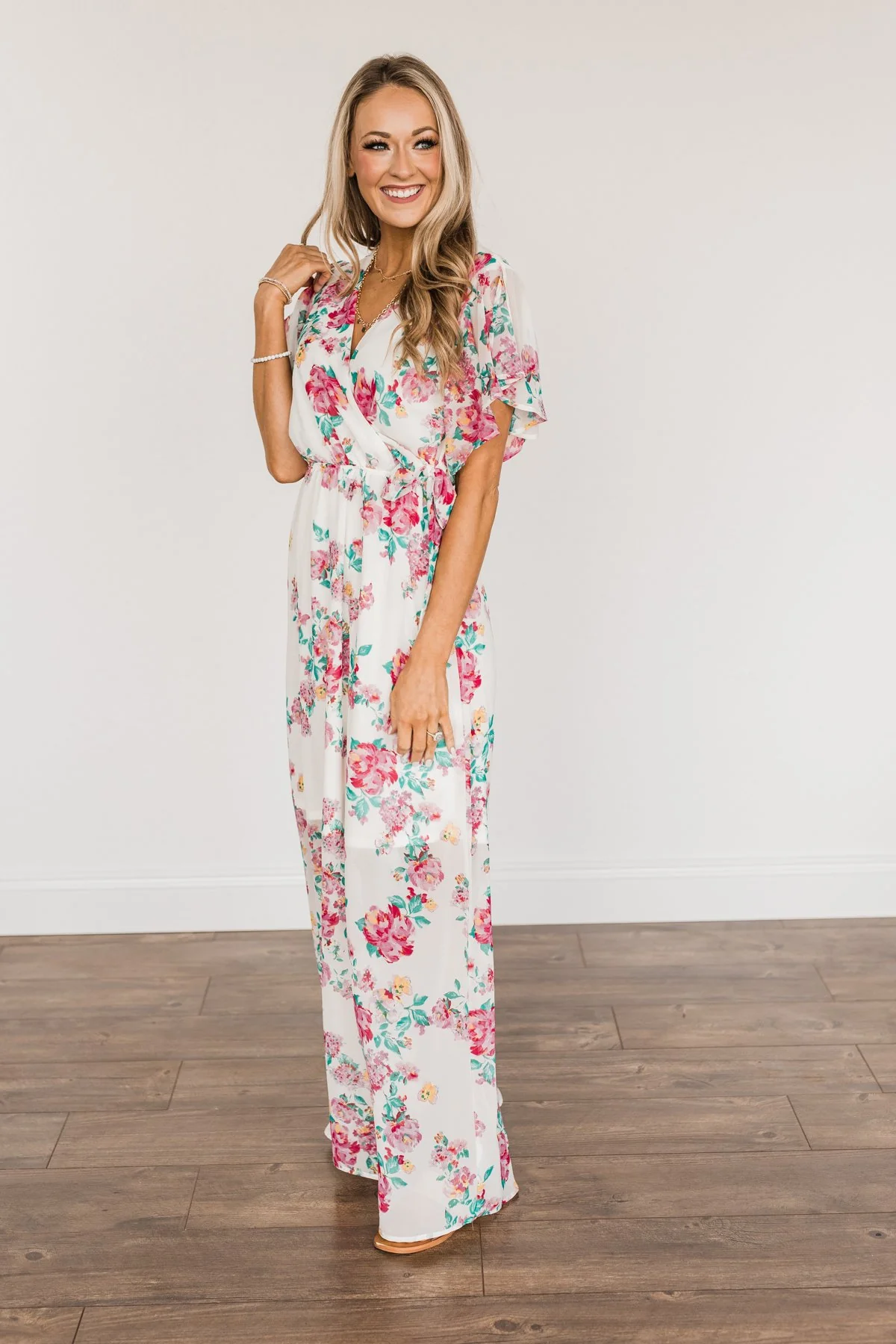 Happily Ever After Floral Maxi Dress- Off-White & Pink - Image 4