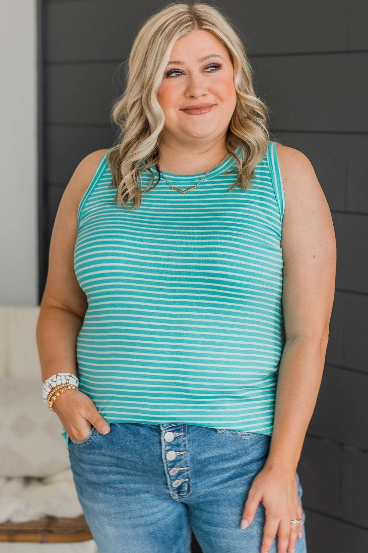 Happiness Achieved Striped Tank Top- Mint Blue - Image 4