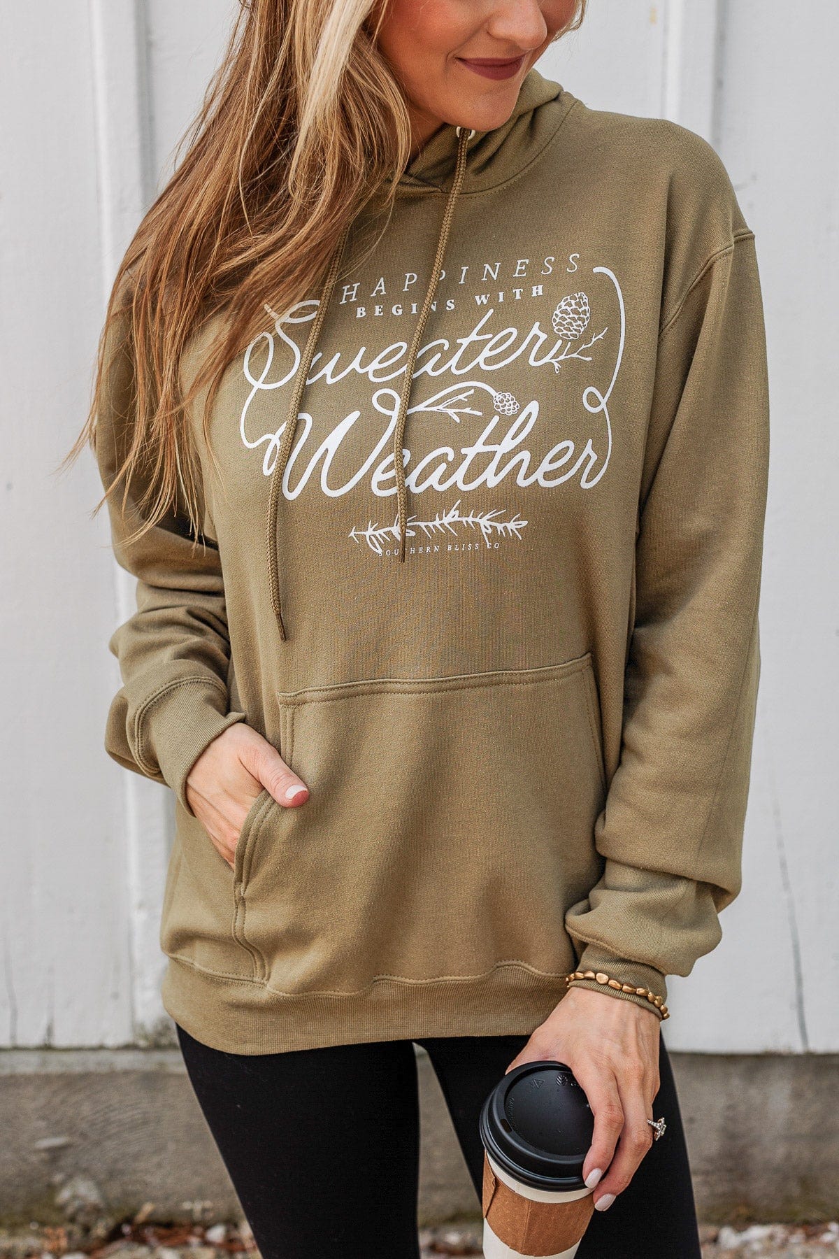 "Happiness Begins With Sweater Weather" Hoodie- Olive