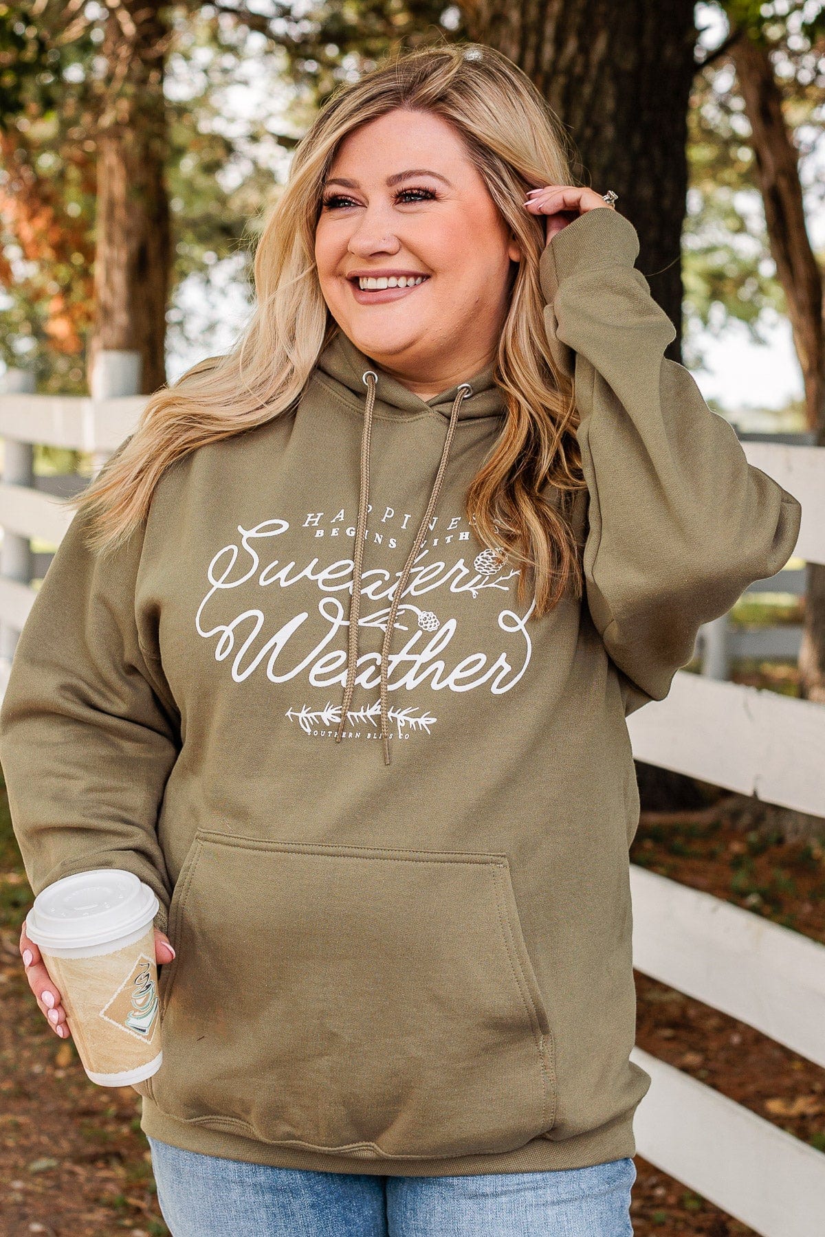 "Happiness Begins With Sweater Weather" Hoodie- Olive - Image 6