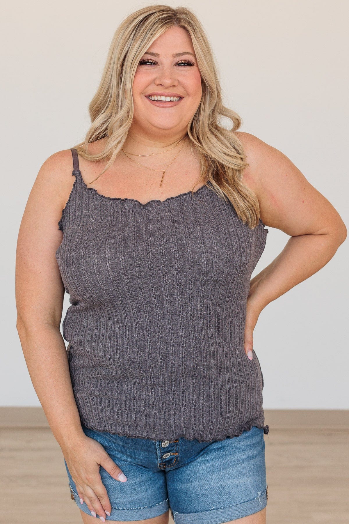 Happiness Is Within Ribbed Knit Tank- Charcoal - Image 2