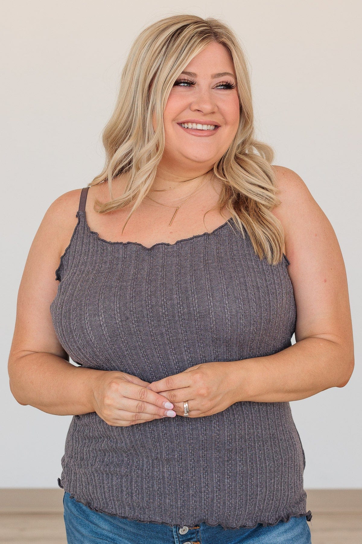 Happiness Is Within Ribbed Knit Tank- Charcoal - Image 7