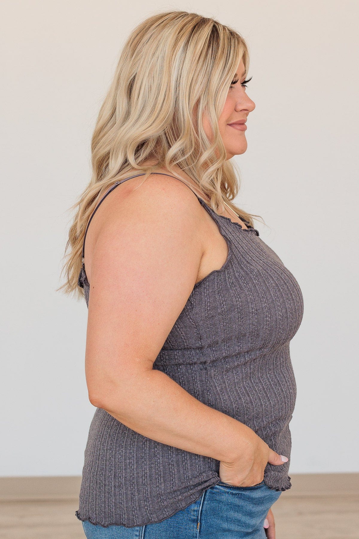Happiness Is Within Ribbed Knit Tank- Charcoal - Image 9