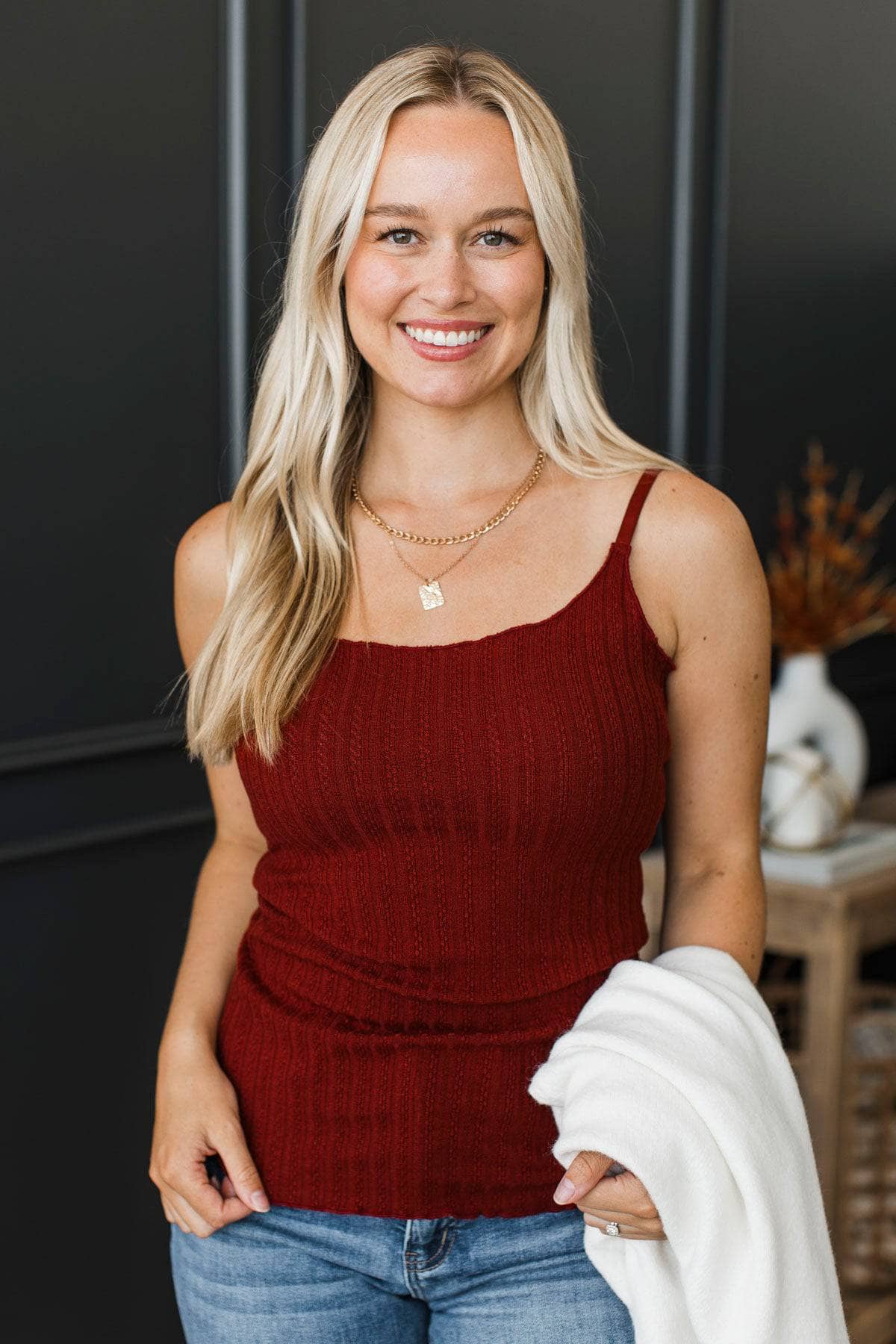 Happiness Is Within Ribbed Knit Tank- Dark Brick