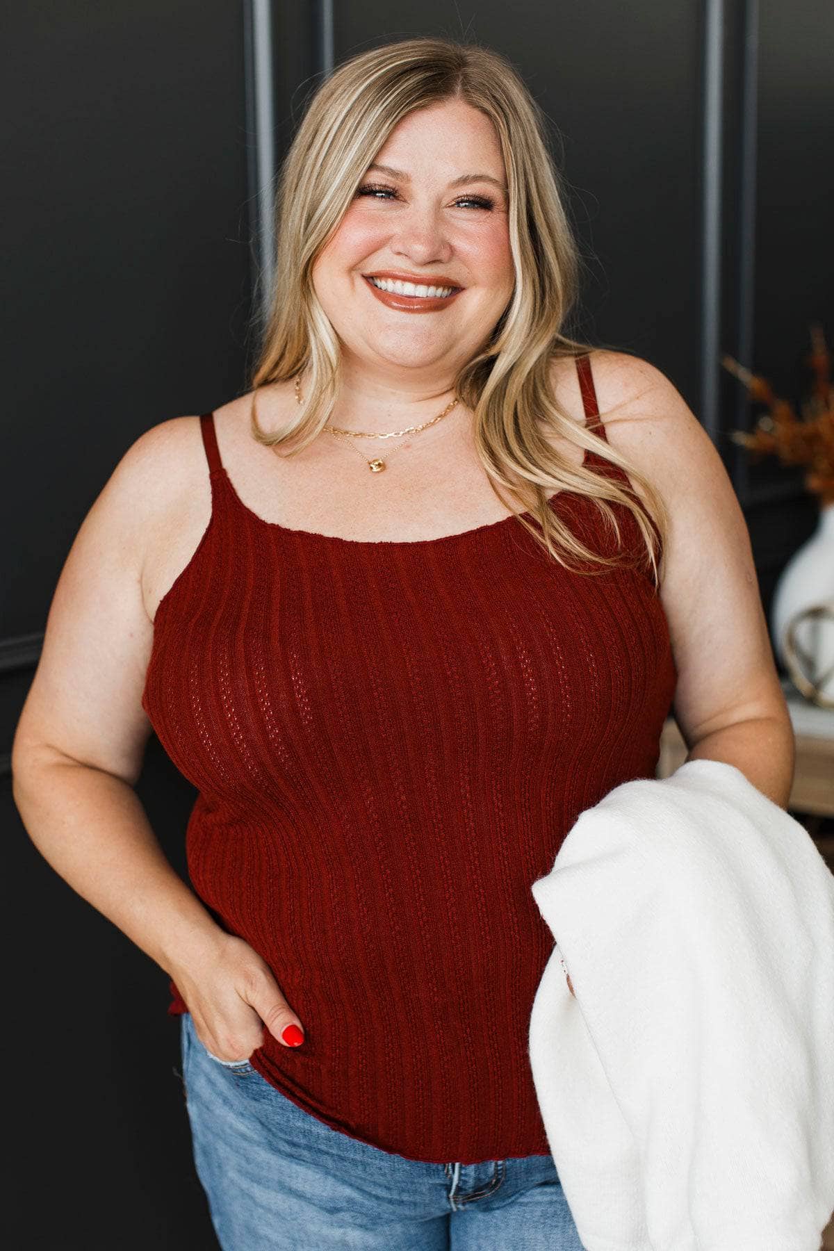 Happiness Is Within Ribbed Knit Tank- Dark Brick - Image 2