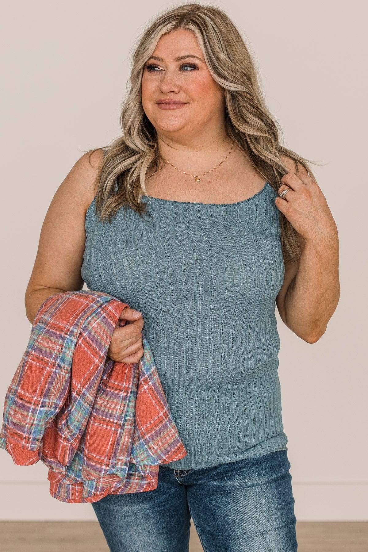 Happiness Is Within Ribbed Knit Tank- Slate Blue - Image 4