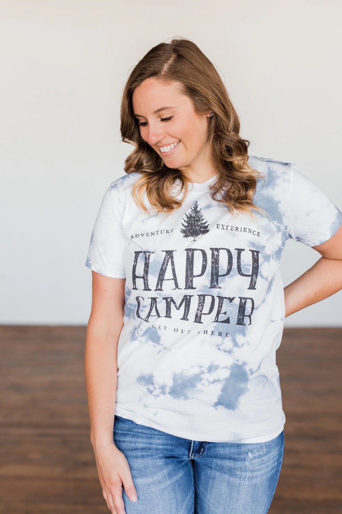 "Happy Camper" Tie Dye Graphic Tee- Navy & Ivory - Image 6