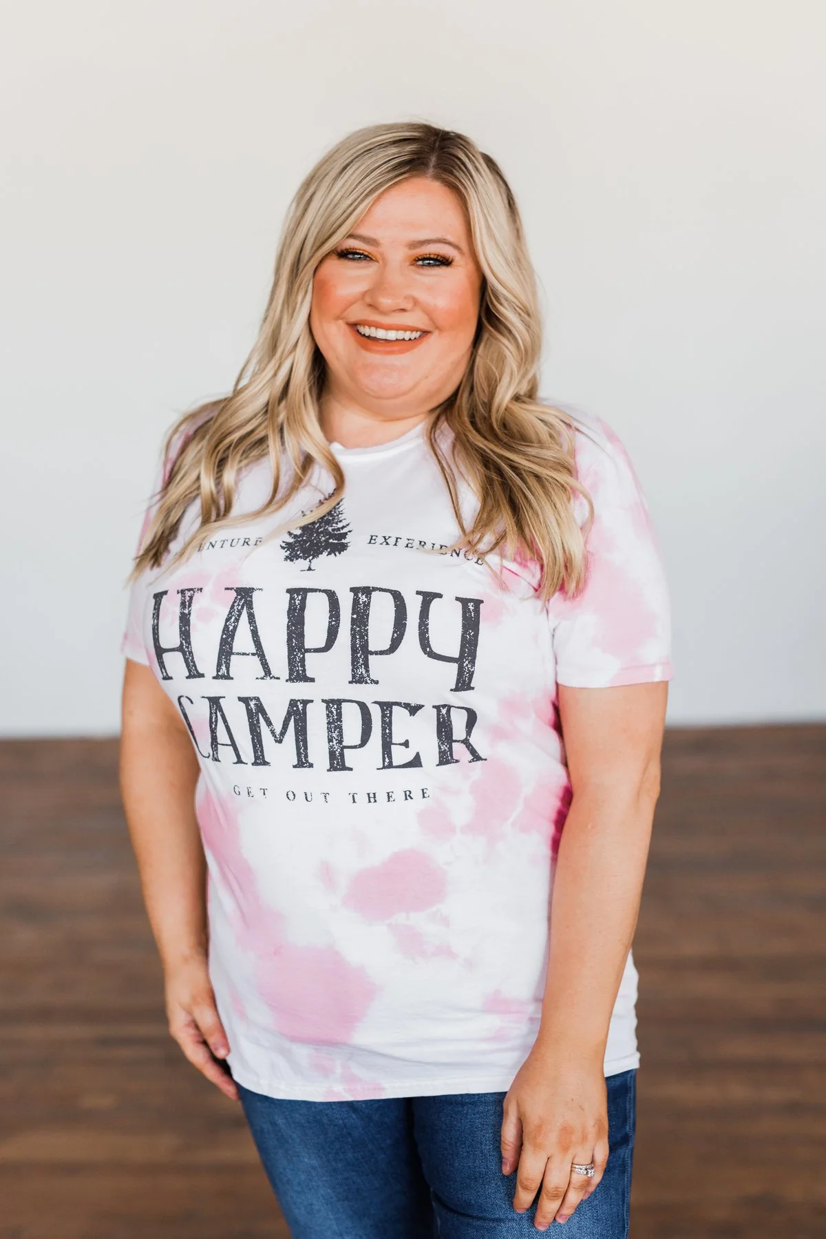"Happy Camper" Tie Dye Graphic Tee- Pink & Ivory - Image 5