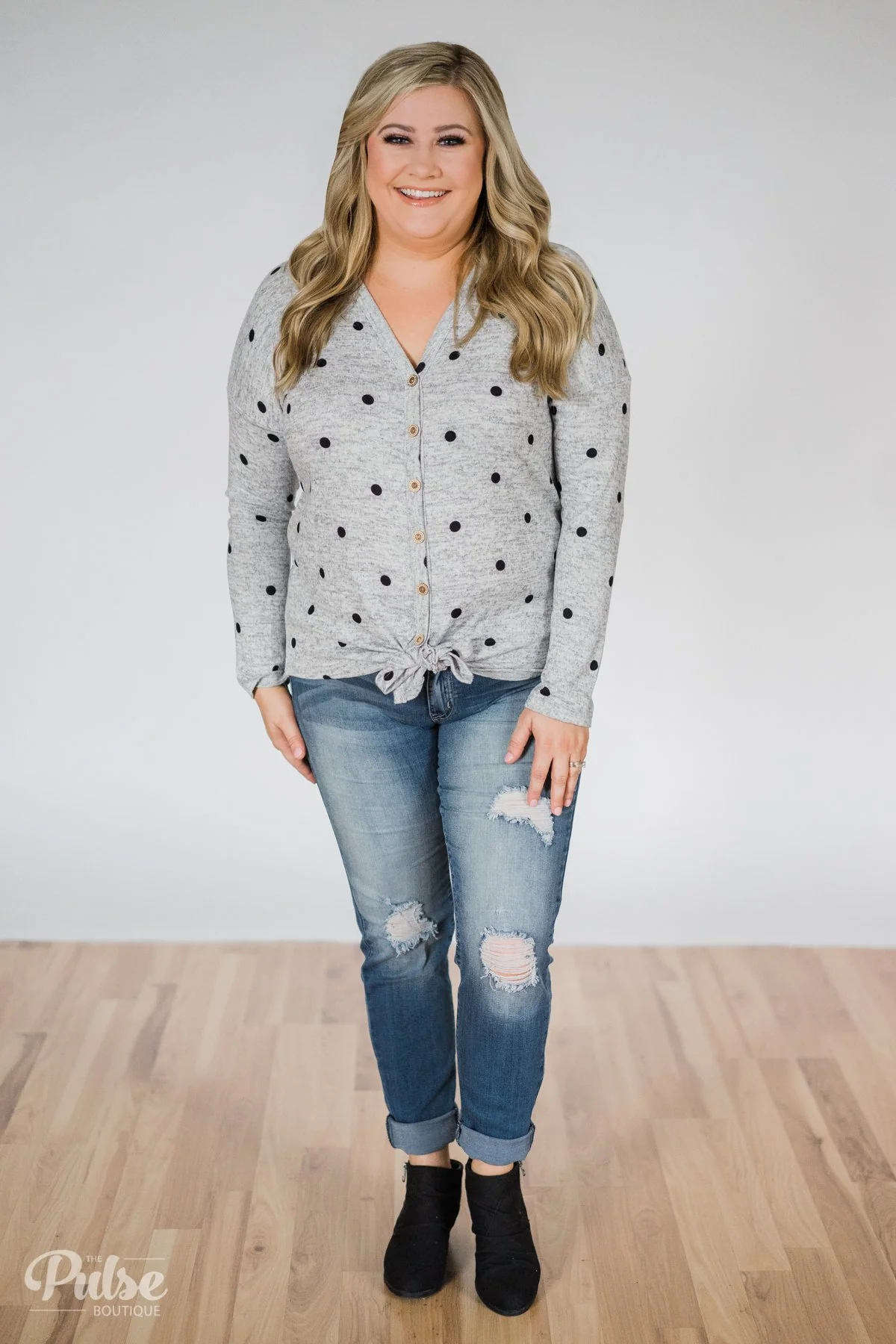 Happy Ending Polka Dot Knot Top- Heather Grey - Image 3