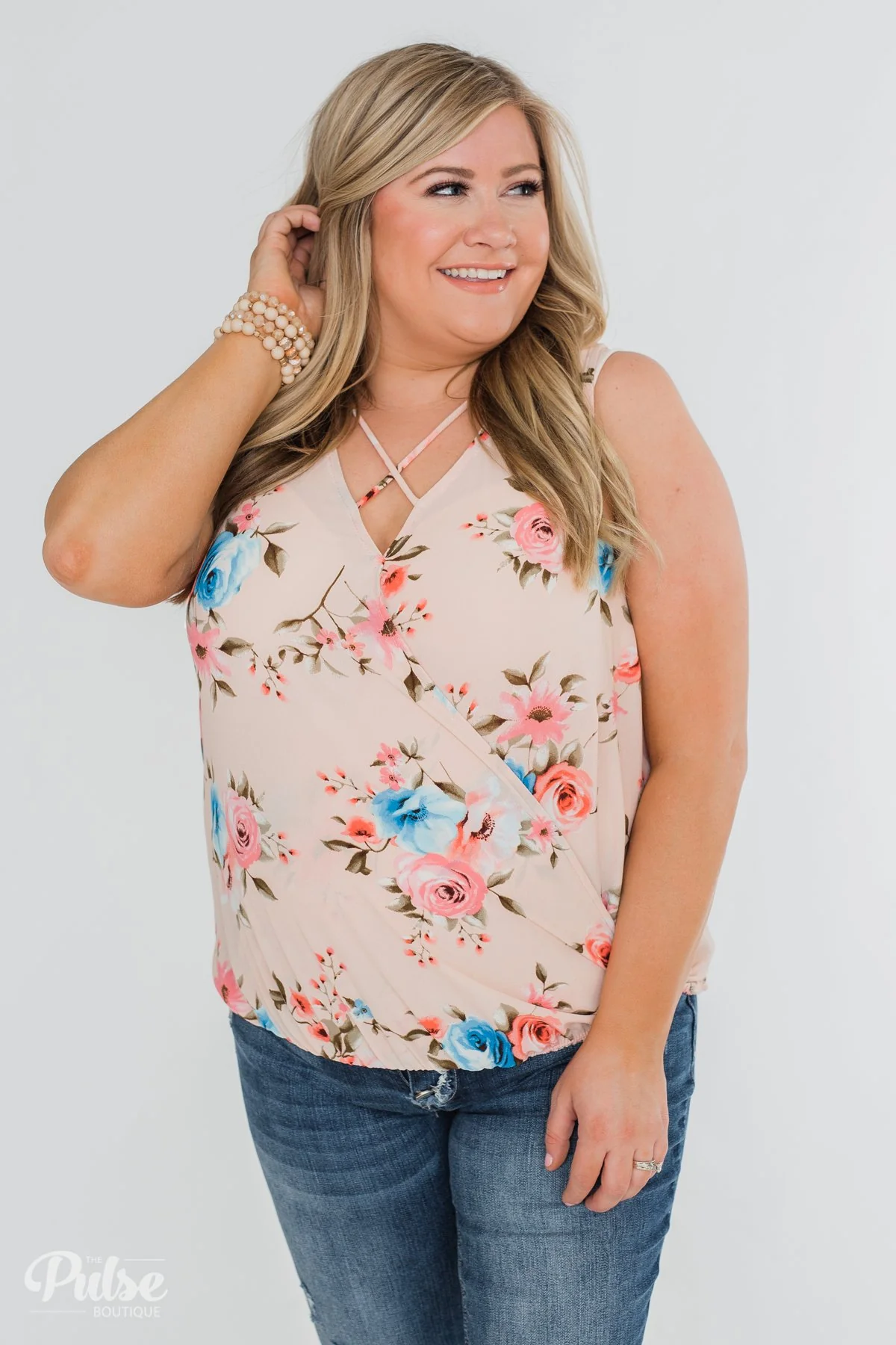 Happy Endings Floral Criss Cross Tank Top- Blush - Image 11
