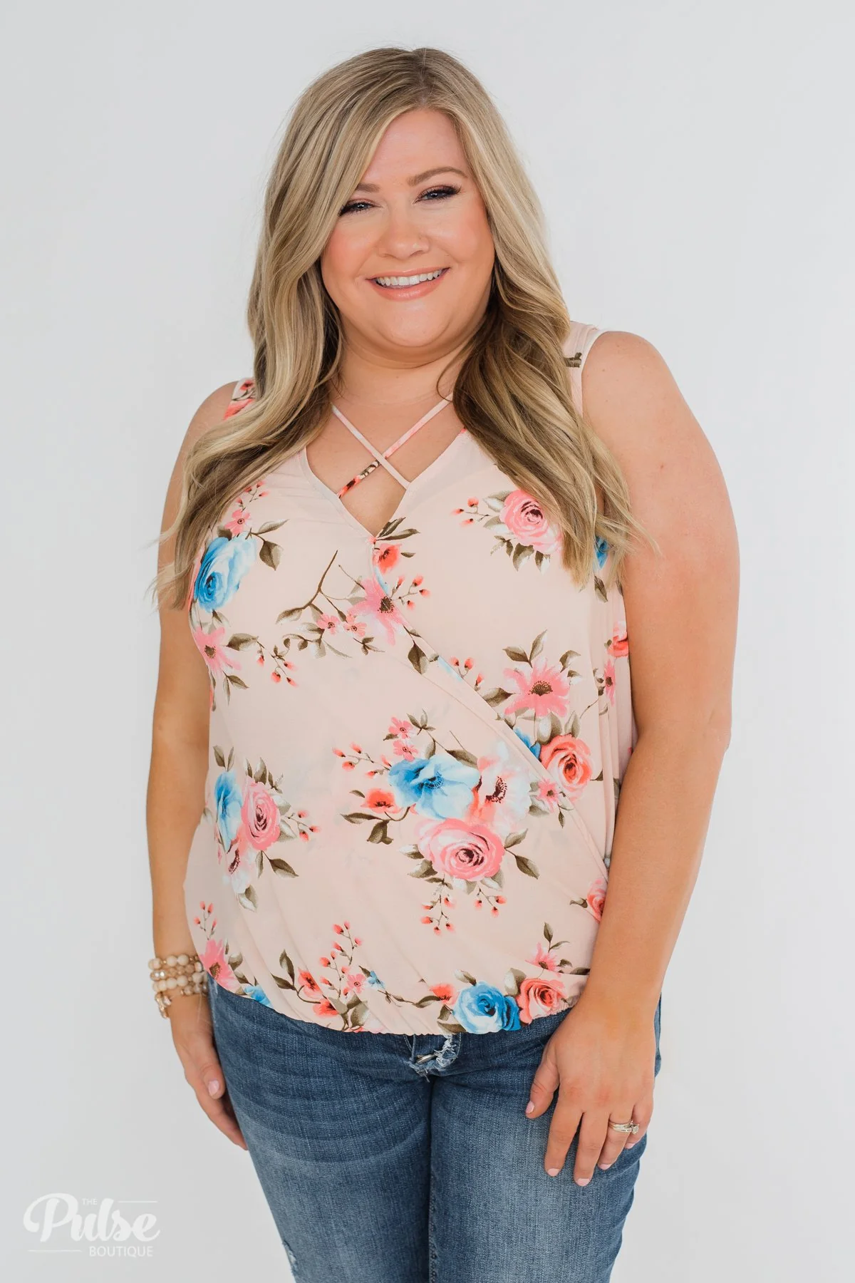 Happy Endings Floral Criss Cross Tank Top- Blush - Image 12