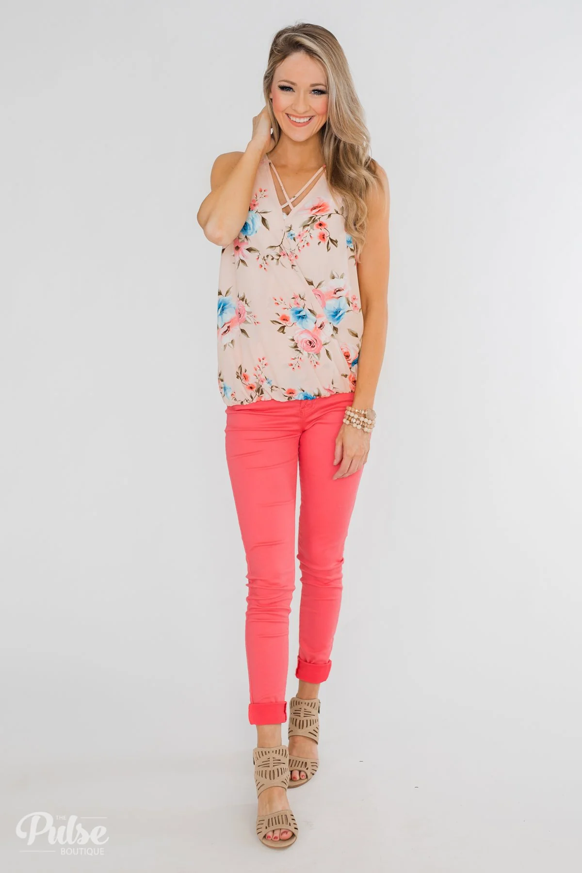 Happy Endings Floral Criss Cross Tank Top- Blush - Image 3