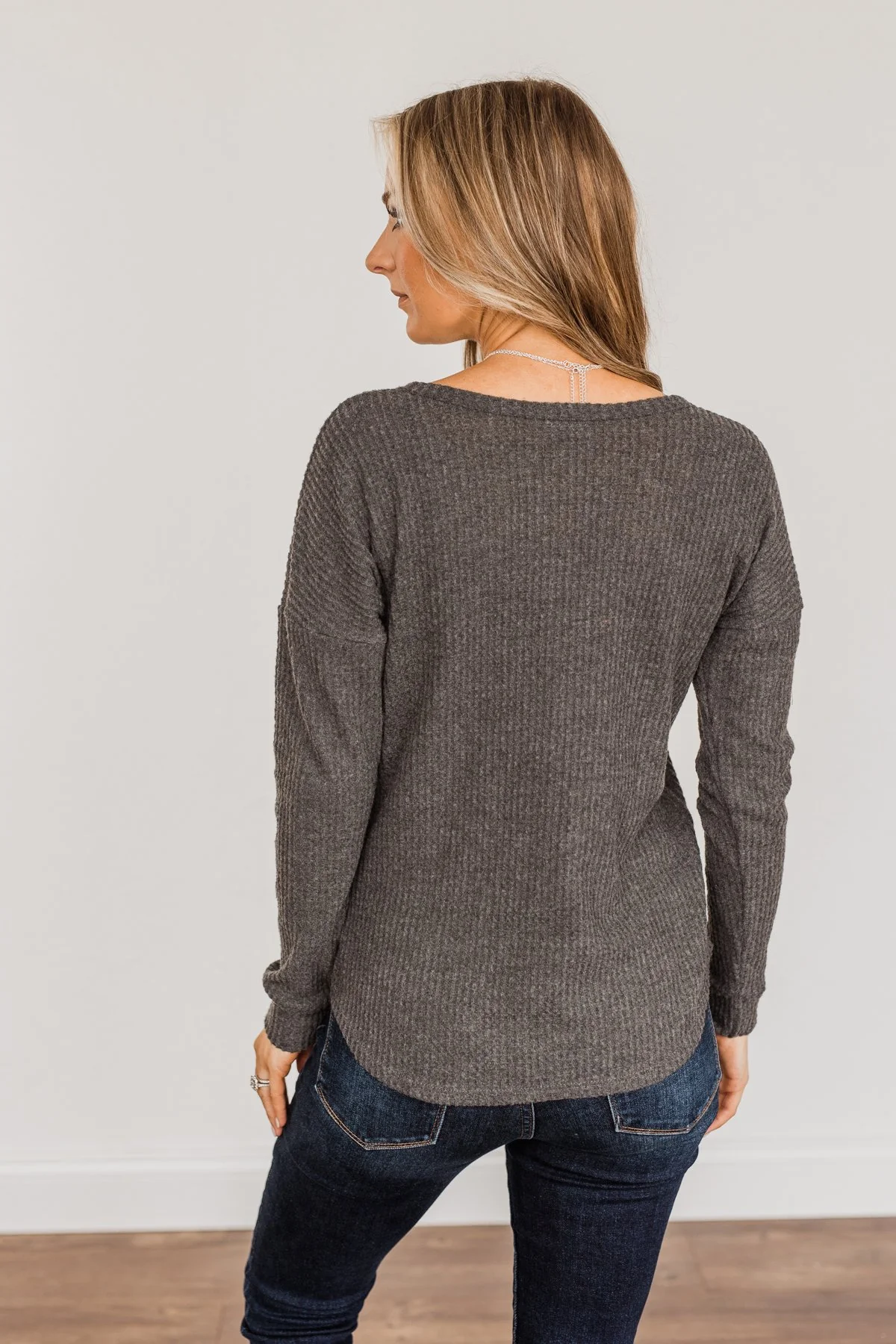 Happy Harvest Waffle Knit Button Top- Charcoal - Image 11