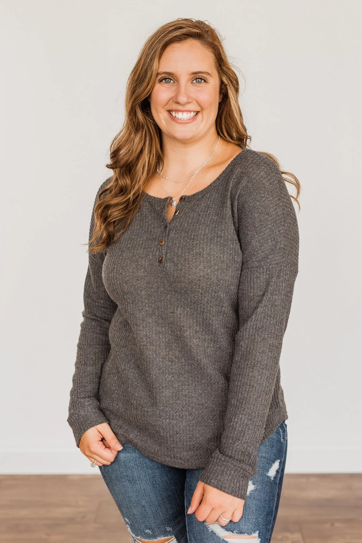 Happy Harvest Waffle Knit Button Top- Charcoal - Image 6