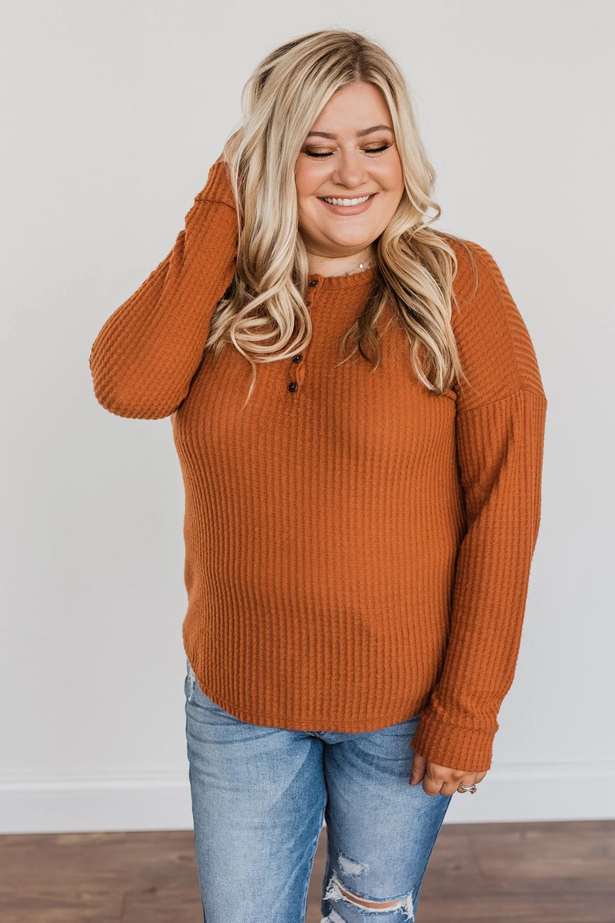 Happy Harvest Waffle Knit Button Top- Copper Orange - Image 10