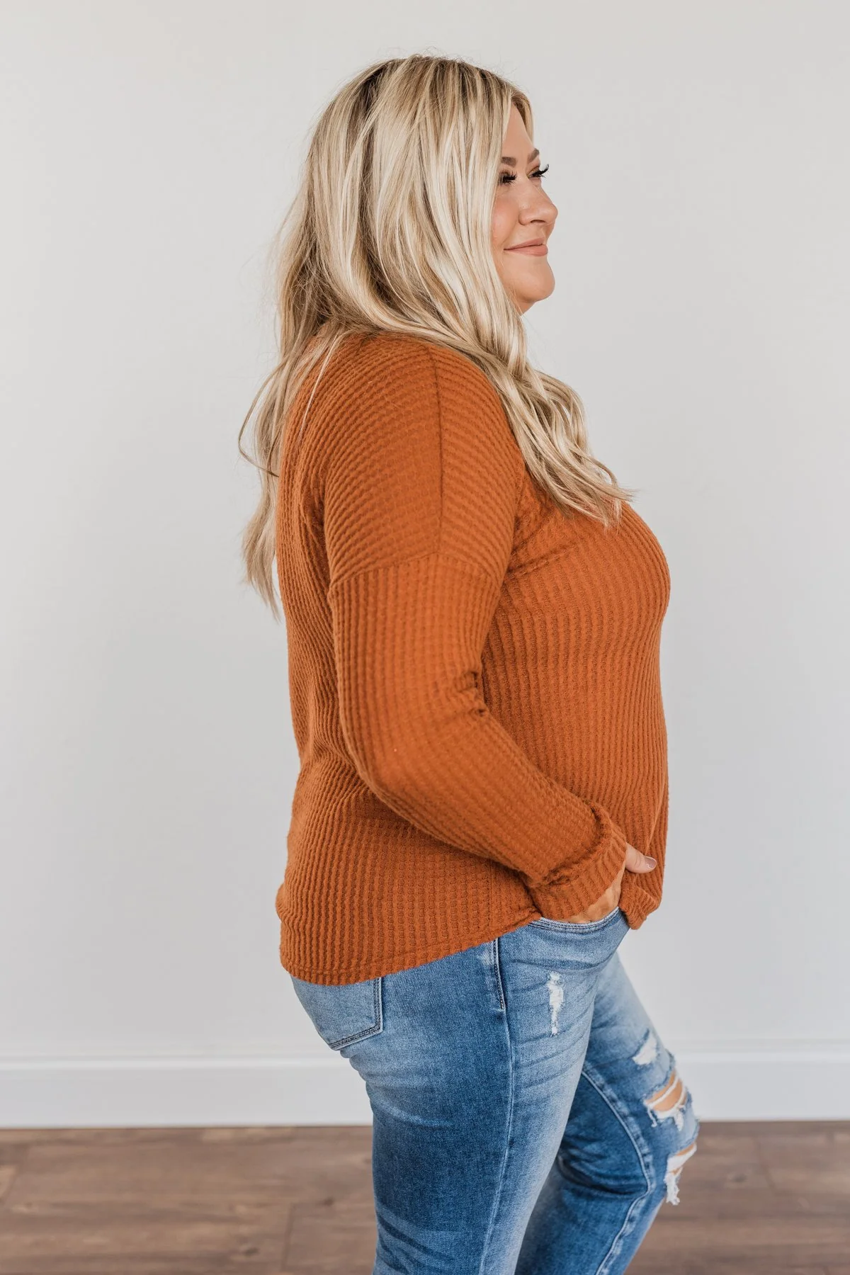 Happy Harvest Waffle Knit Button Top- Copper Orange - Image 11