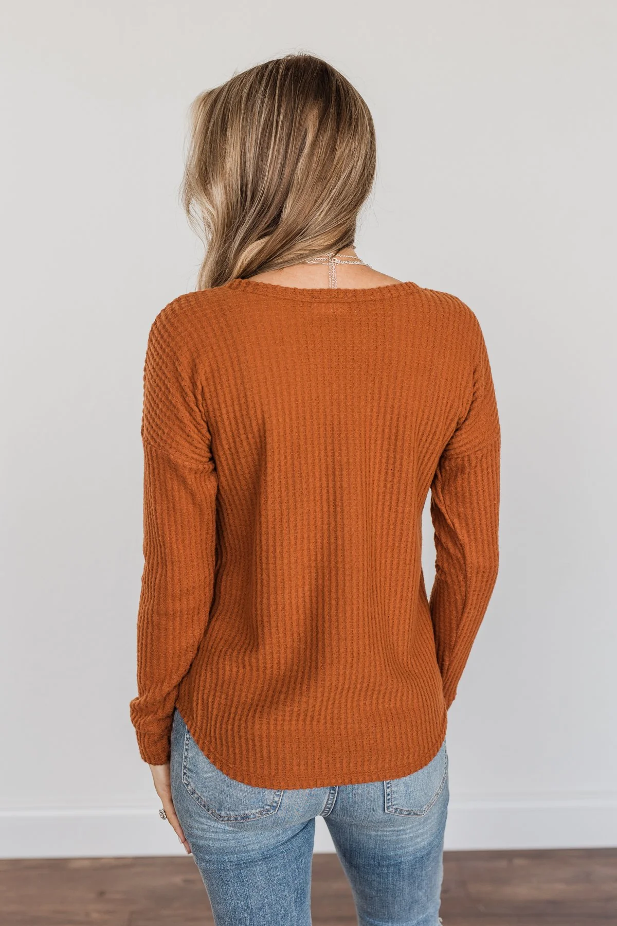 Happy Harvest Waffle Knit Button Top- Copper Orange - Image 12