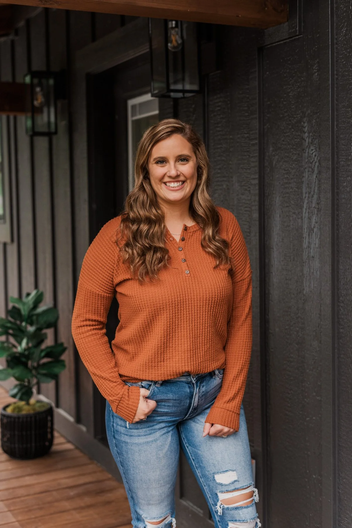 Happy Harvest Waffle Knit Button Top- Copper Orange - Image 3