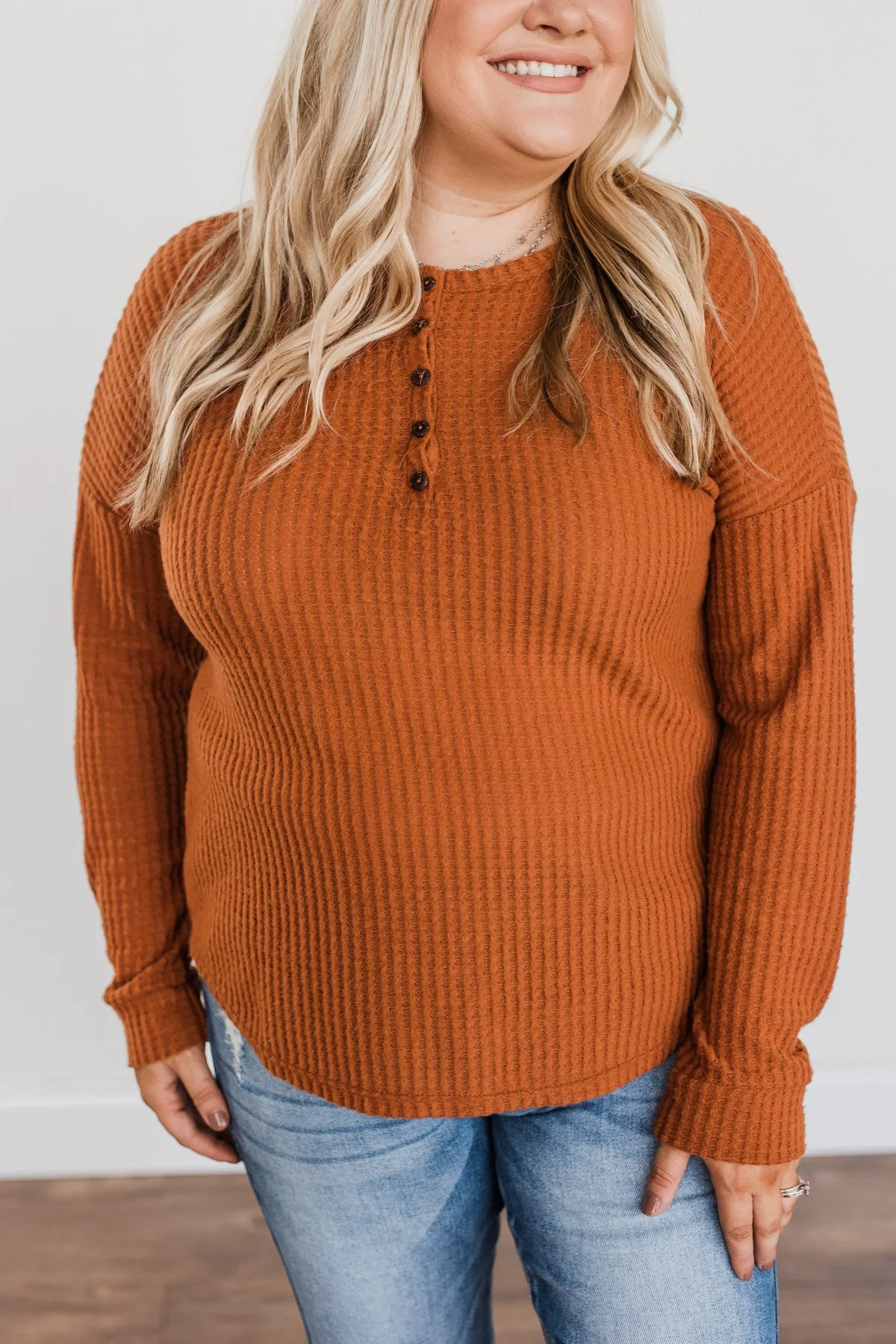 Happy Harvest Waffle Knit Button Top- Copper Orange - Image 7