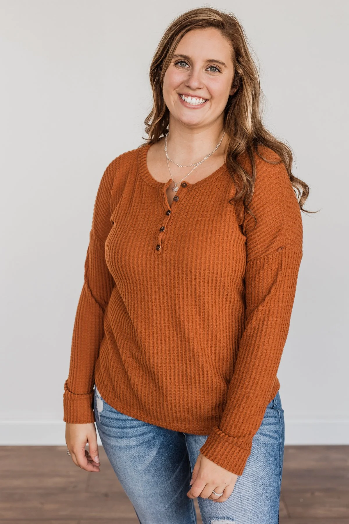 Happy Harvest Waffle Knit Button Top- Copper Orange - Image 9